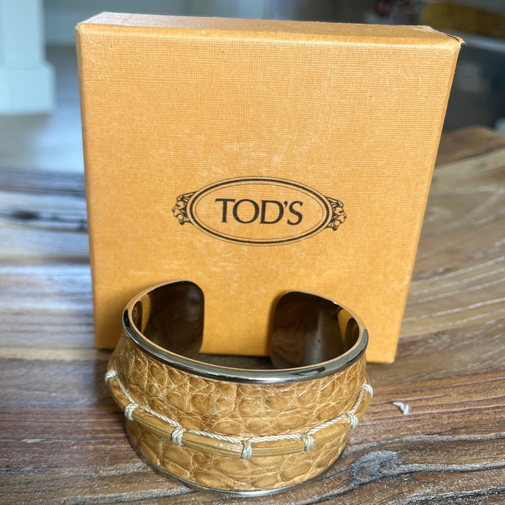 Tod's Brown Leather Metal Unisex Cuff Bracelet